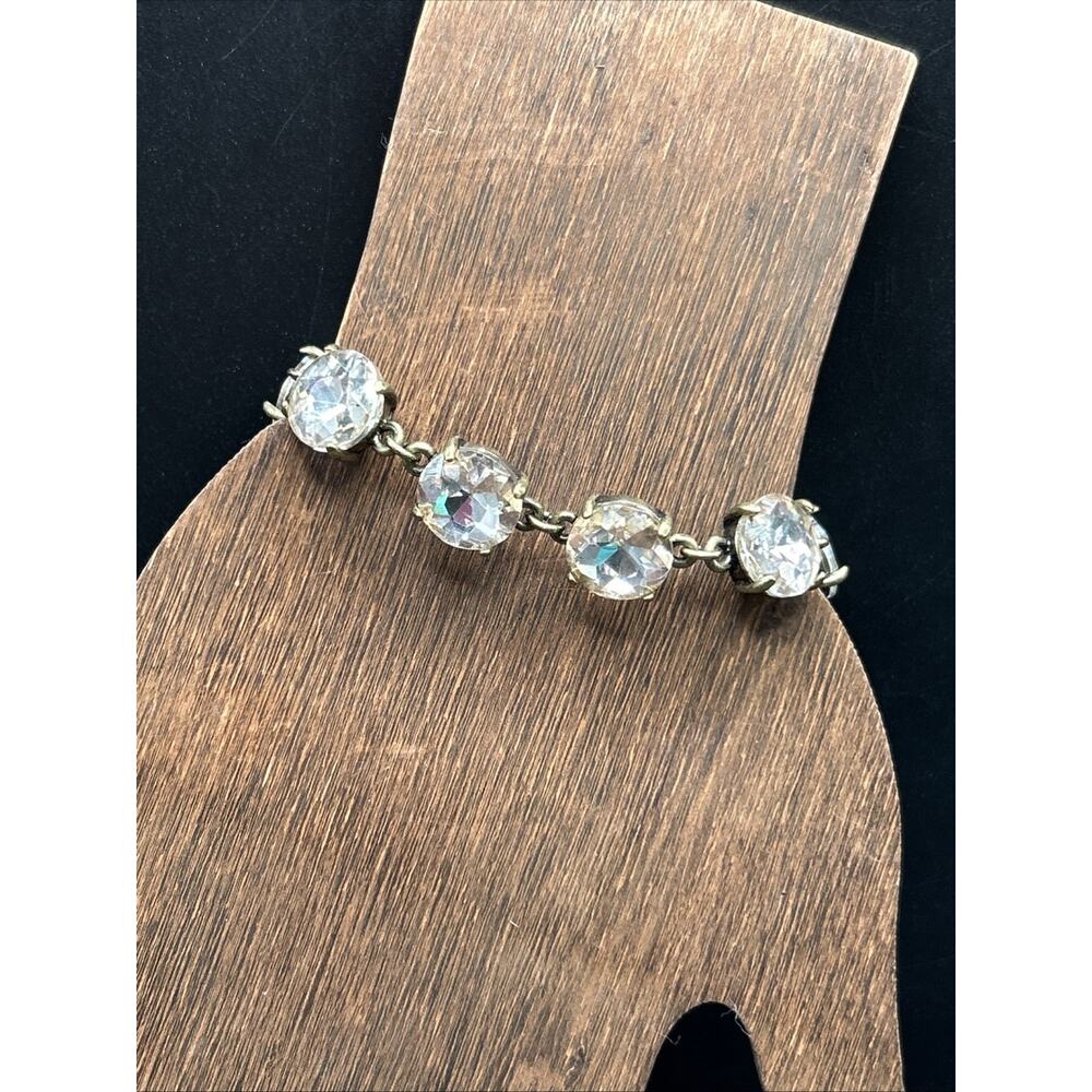 Chunky Link Bracelet Size 6.5 with Clear Faceted Glass And Brass Boho Sparkle
